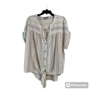 Sharagano Women's Linen Striped Tie Front Top, XL